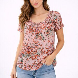 ModCloth Women's Short Sleeve Semi Sheer Pink Floral Blouse - Size Medium